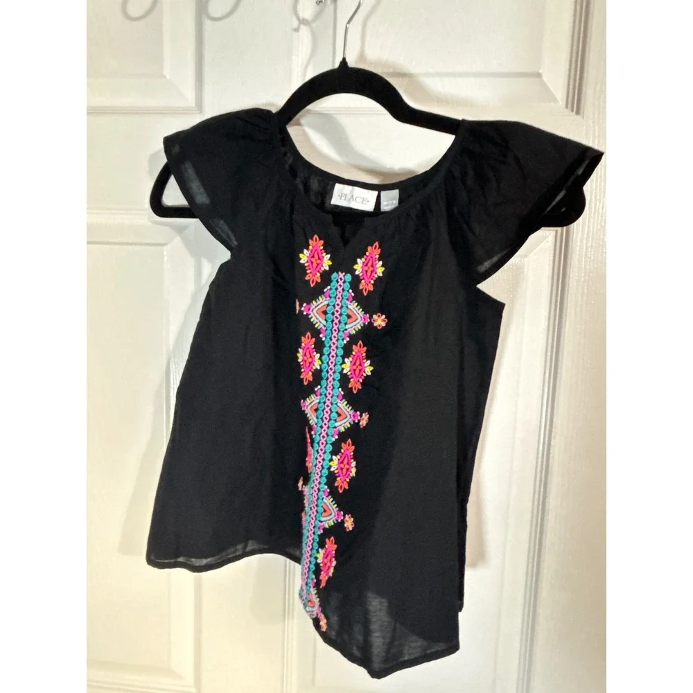 The Childrens Place‎ Embroidered Top Girls M 7/8 Black Boho Summer Blouse